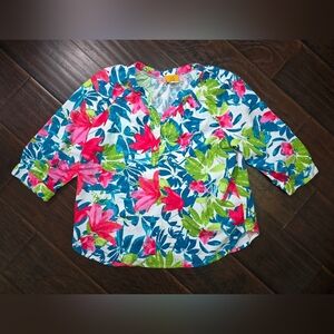 Ruby Rd Womens Tropical Floral 3/4 Sleeve Blouse Large